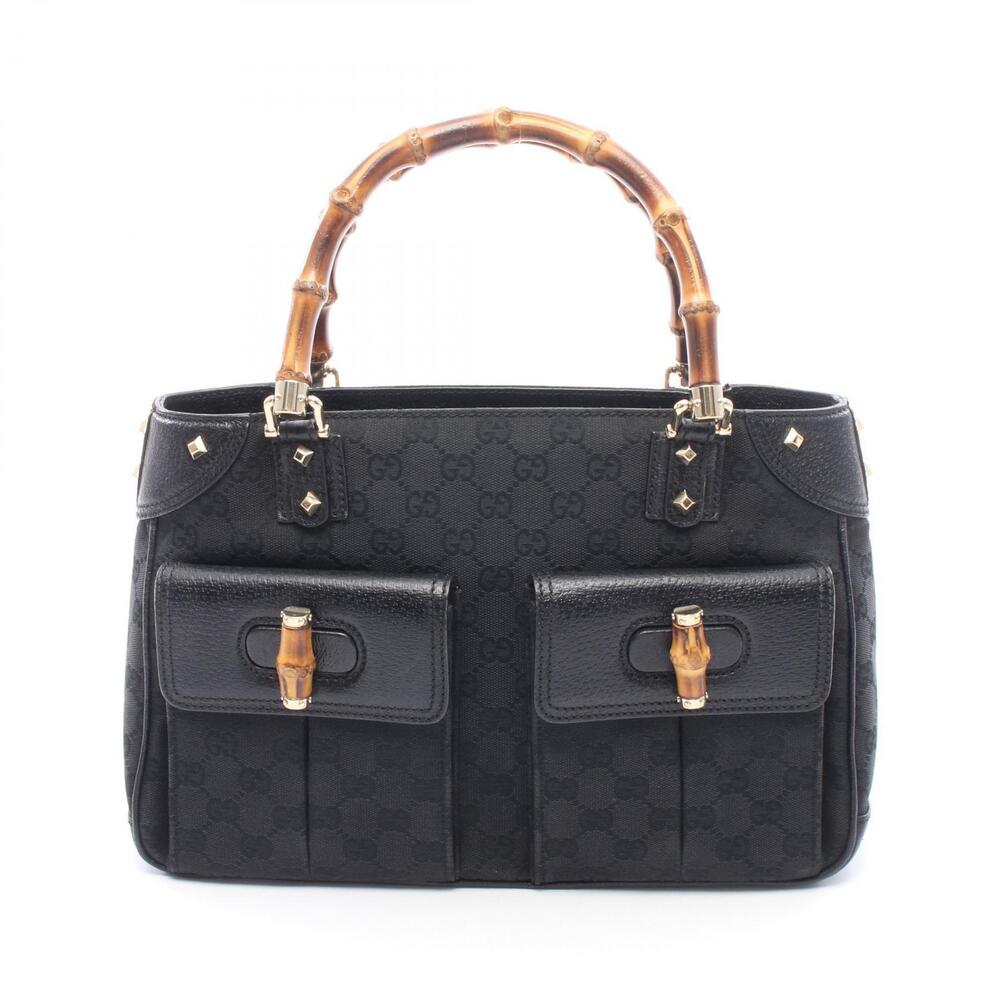 Gucci Bamboo GG Shopper Tote Bag Canvas Leather Black